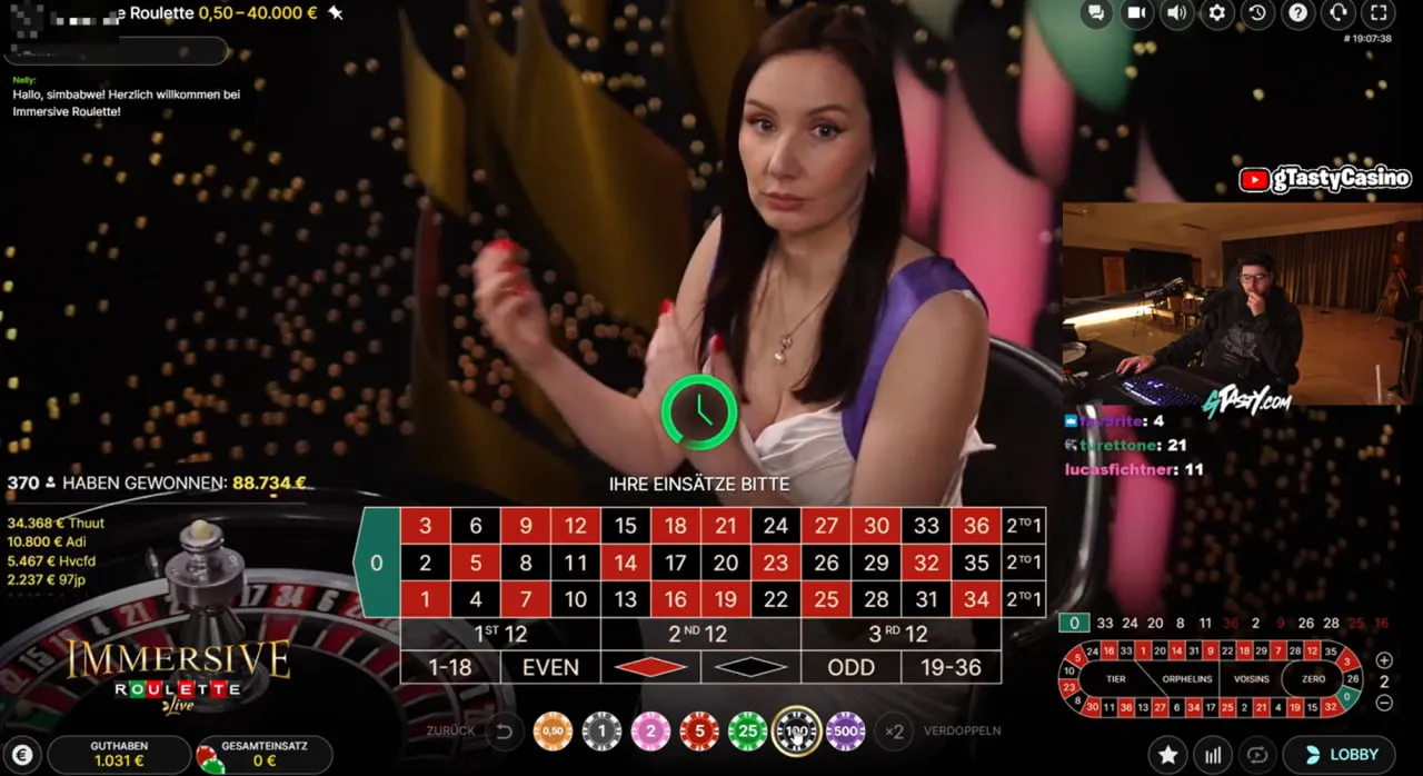 gTasty spielt Immersive Roulette live – 370 Spieler schauen zu, Gesamteinsatz 88.734 €